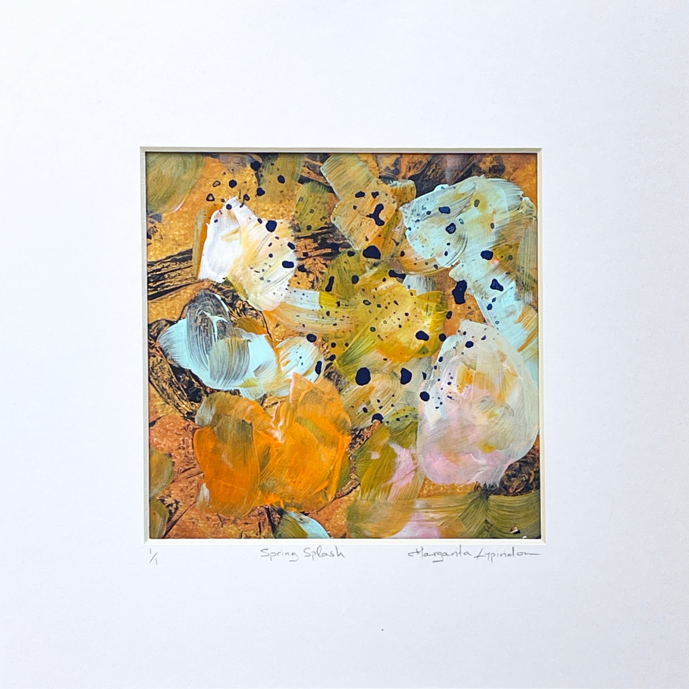 Spring Splash <br>14x14 cm, 25x25 cm with mat<br>5.5”x5.5”, 9.8`’x9.8” with mat